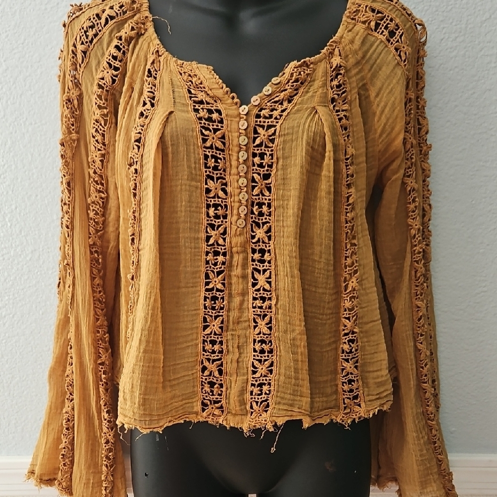 Free People Mustard Crochet Blouse